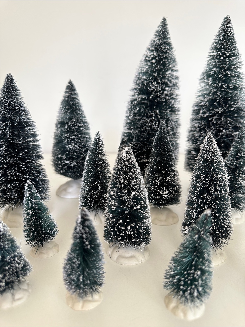 21 Bottle Brush Mini Christmas Trees - Green Snow-Tipped Holiday Decor